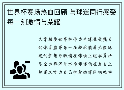 世界杯赛场热血回顾 与球迷同行感受每一刻激情与荣耀